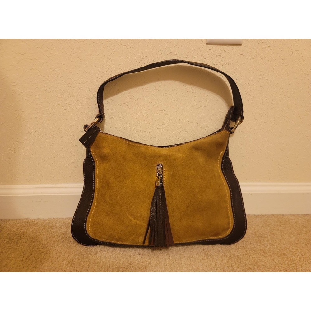 Cats Pebbled Leather Shoulder Bag Brown Suede Tassel Made In Spain